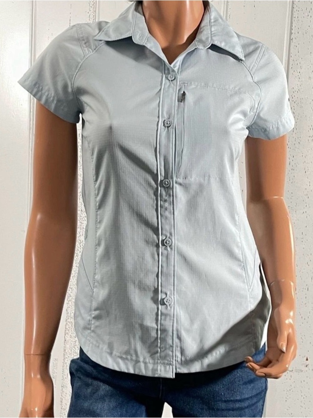 *Columbia Women's Omni-Shade Collared Short Sleeve Shirt Sz Large (fits Like Med